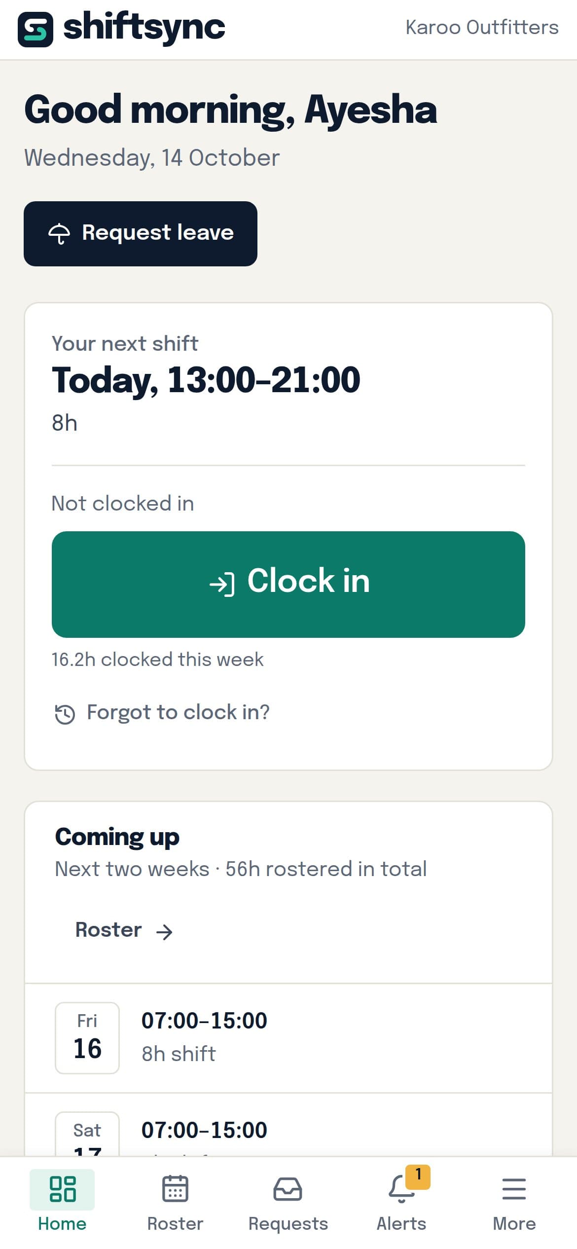 An employee's phone: today's shift and the clock-in button