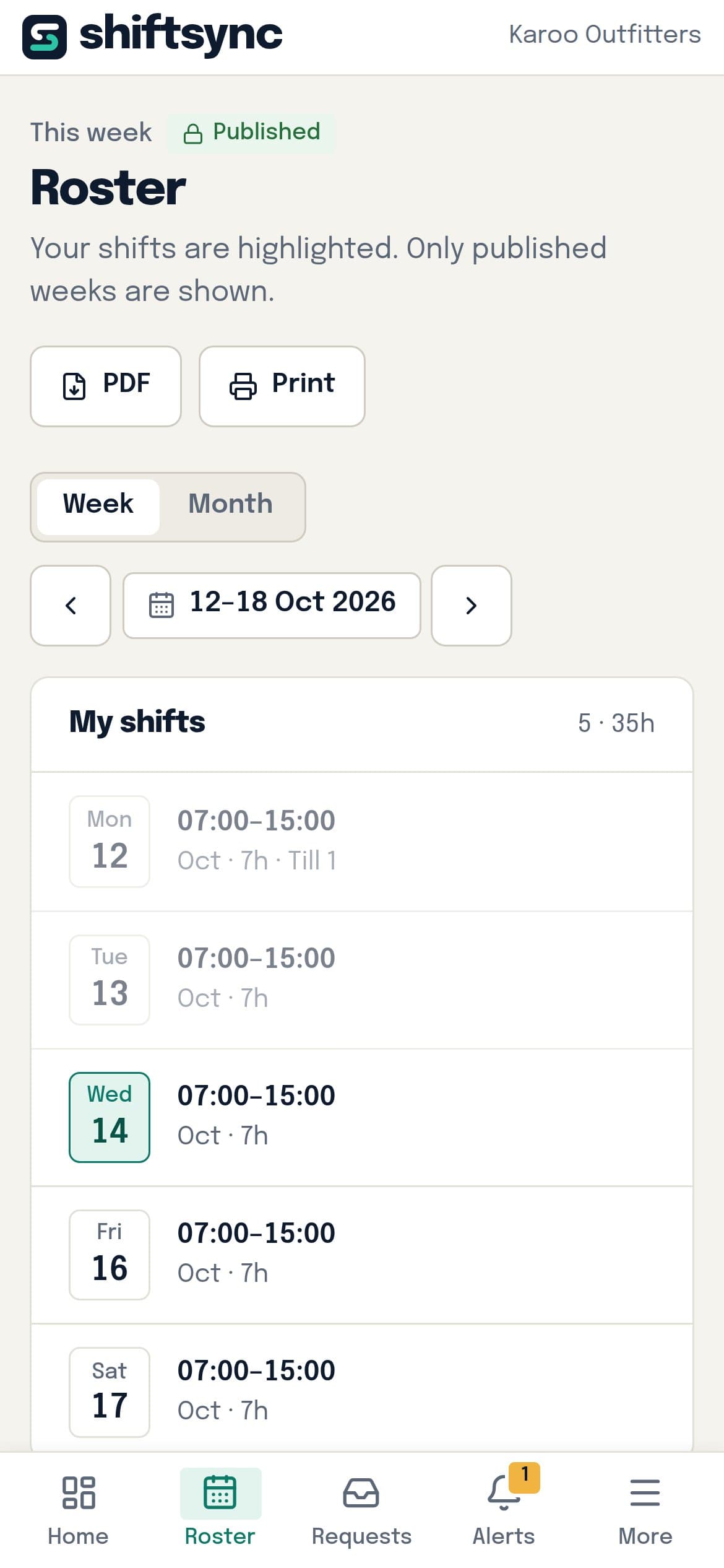 The published roster on an employee's phone, with their own shifts