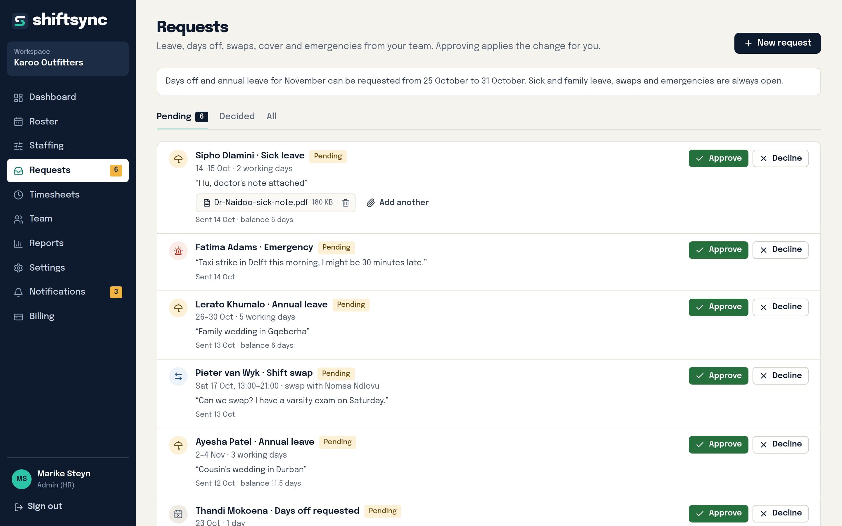 The requests page with sick leave, an emergency, annual leave and a shift swap waiting for approval