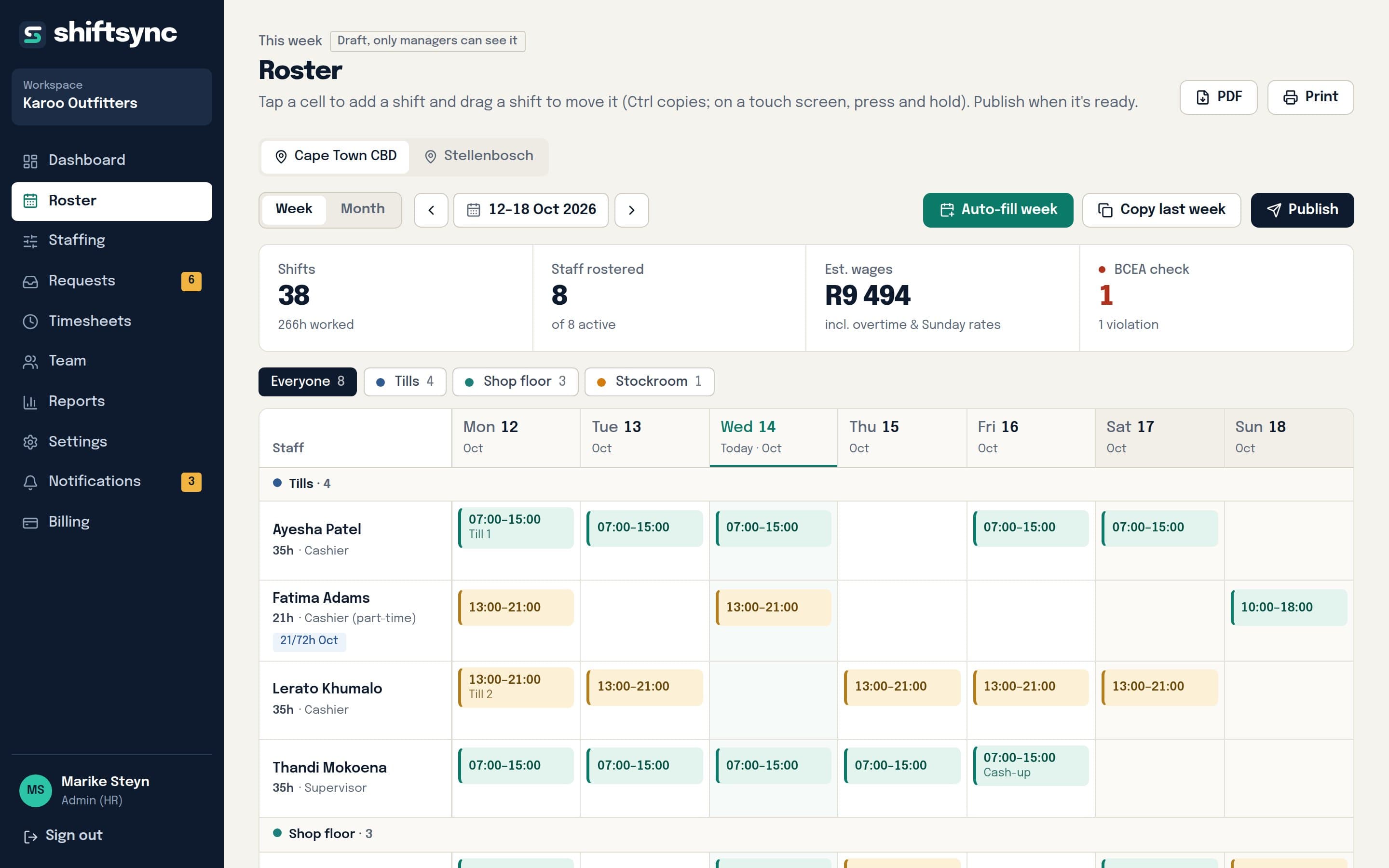 The weekly roster in ShiftSync: each person's shifts by day, early shifts in teal and late shifts in marigold